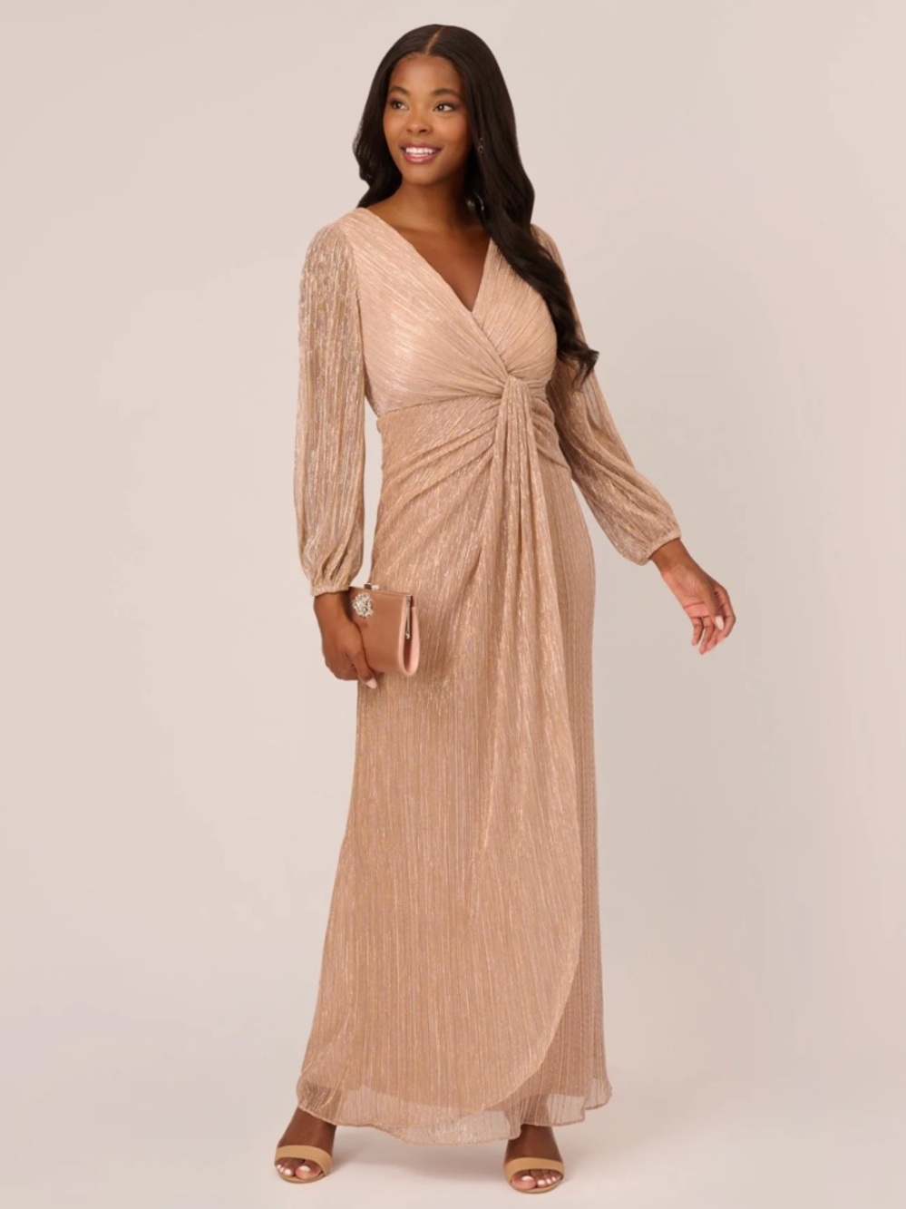 Adrianna Papell Metallic Crinkled Mesh Draped Long Gown In Light Gold